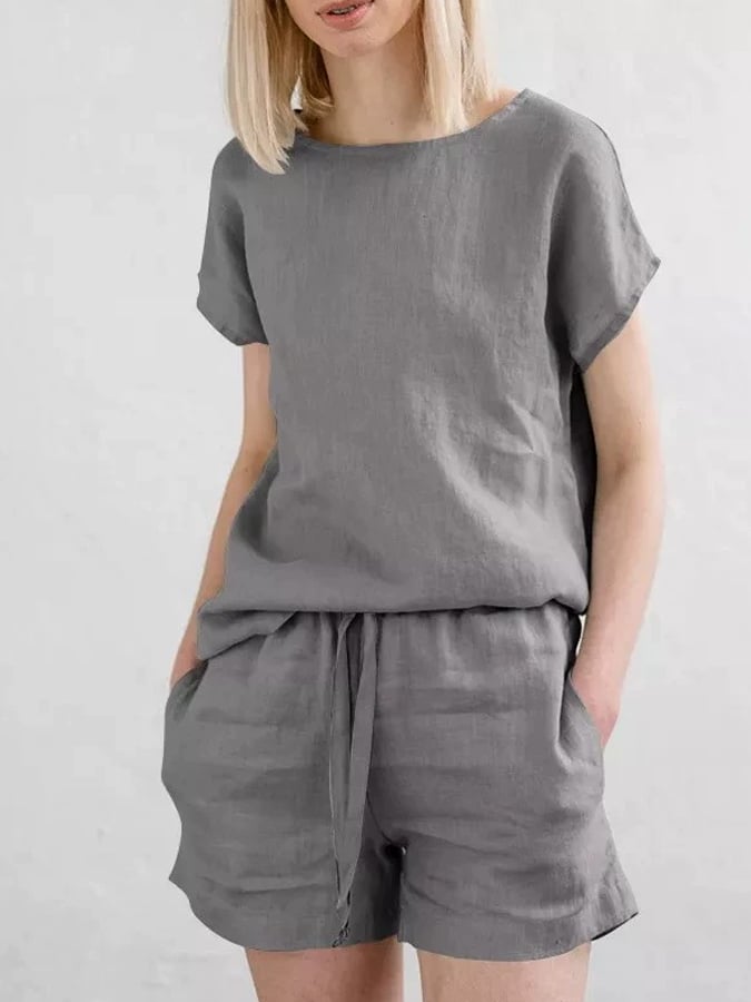 Women's Casual Solid Color Top Drawstring Cotton and Linen Shorts Set