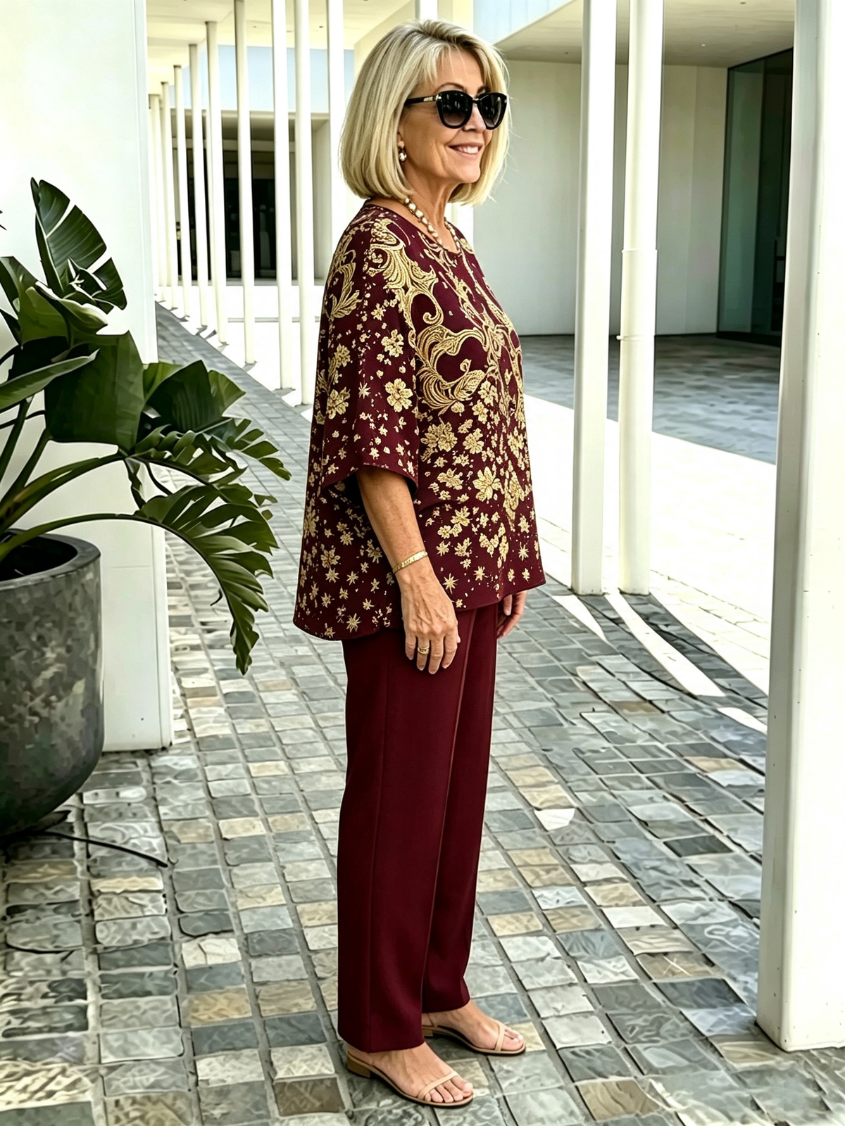 2Pcs Gold Foil Print Outfit Set Crew Neck Flutter Sleeve Layered Blouse with Straight Leg Pants Mother of the Bride Formal Evening Suits