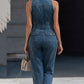 Denim Halter Neck Zip-Front Cropped-Leg Jumpsuit