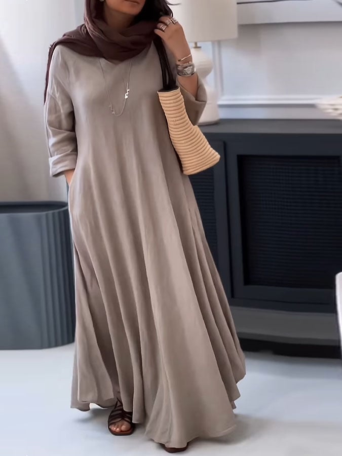 Women's Casual Solid Color V-Neck Long Sleeve Cotton and Linen Dress