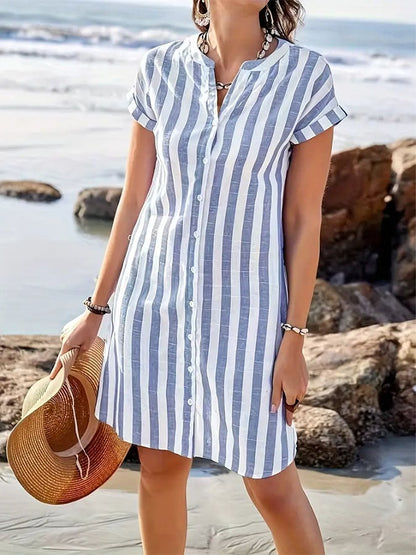 Women's Casual V-neck Short Sleeve Striped Print Contrast Color Cotton and Linen Dress