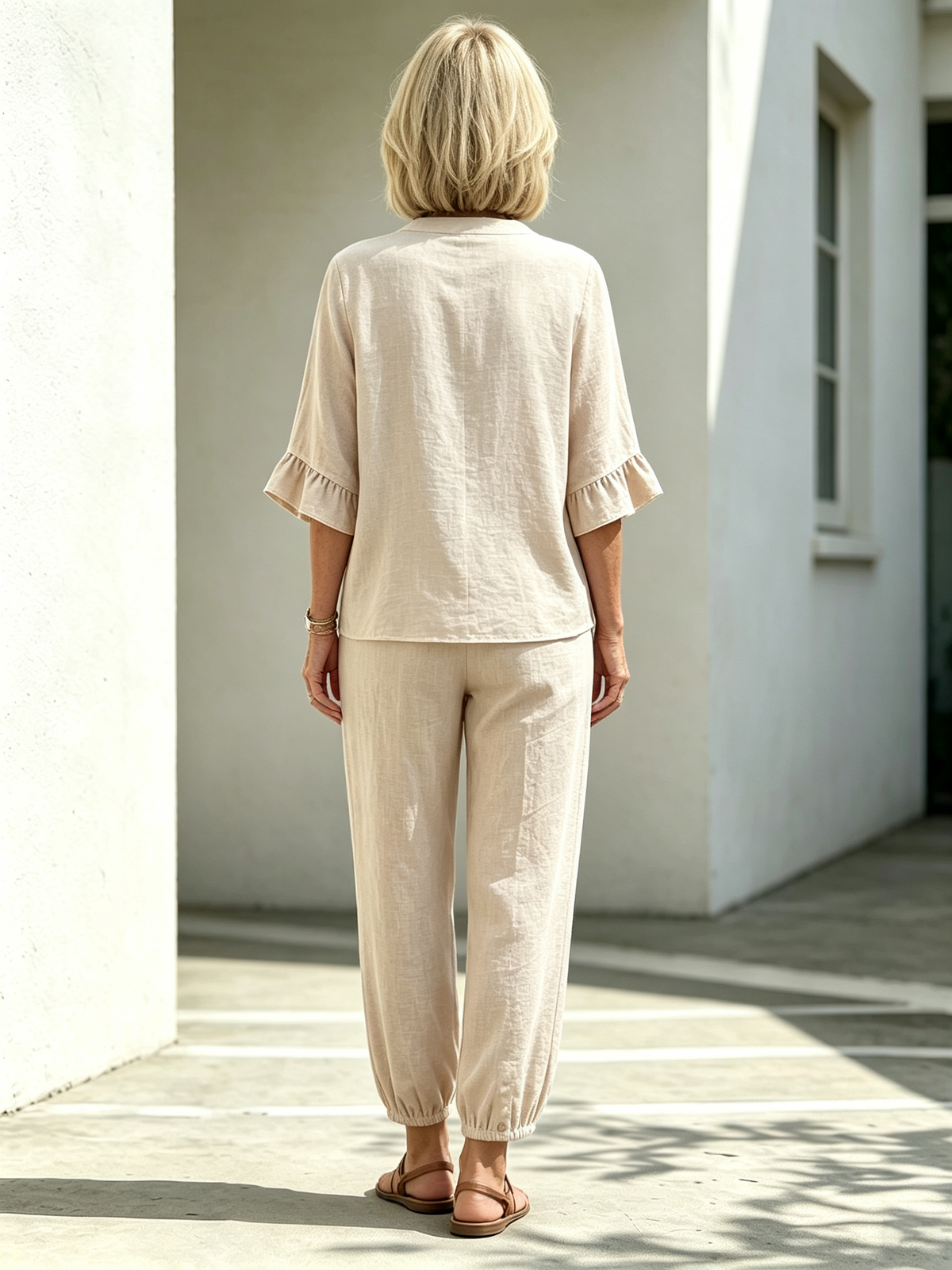 2Pcs Casual Matching Outfit Set, Mandarin Collar Half Button Top, Ruffle Edge Seven-quarter Sleeve Blouse, Solid Lightweight Textured Fabric, Elastic Waist Nine-quarter Jogger Pants with Button Hem Detail, Relaxed Loose Fit Co-Ord Suit for Daily L