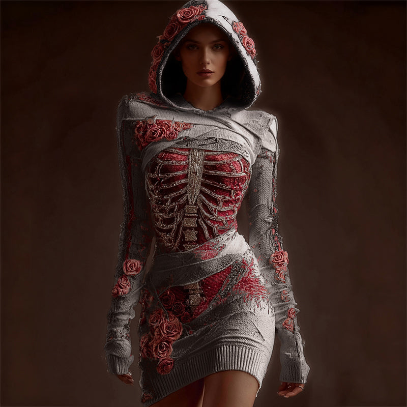 Classy Skeleton Anatomy Bloody Roses Bandages Hooded Sweater Dress