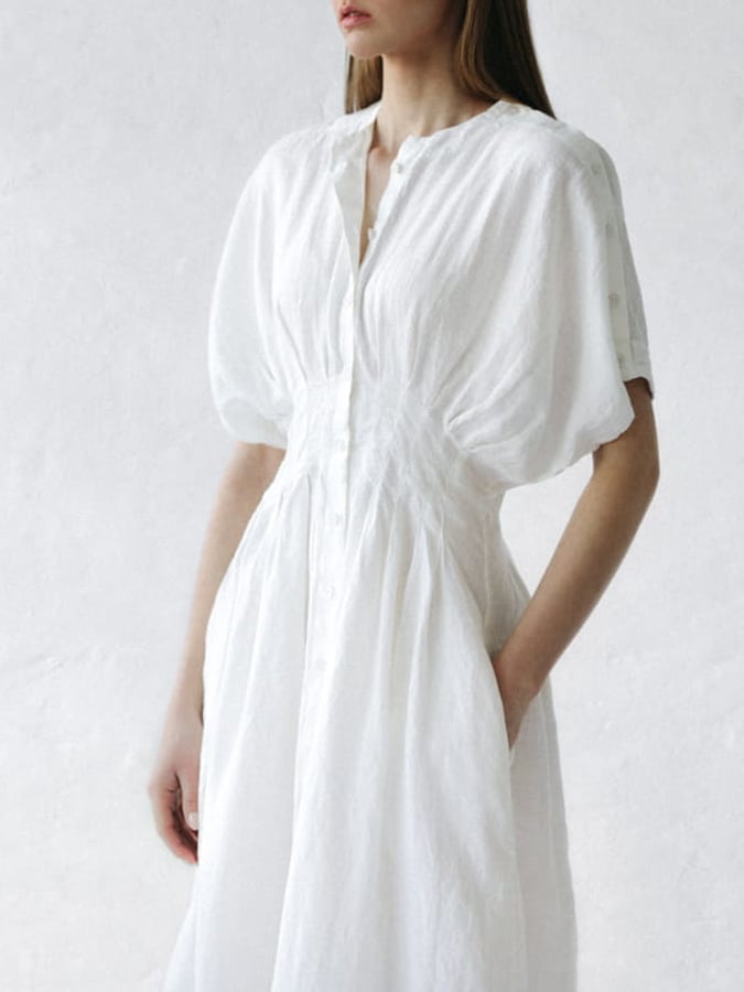 Women's Solid Color Gathered Waist Button Linen Dress