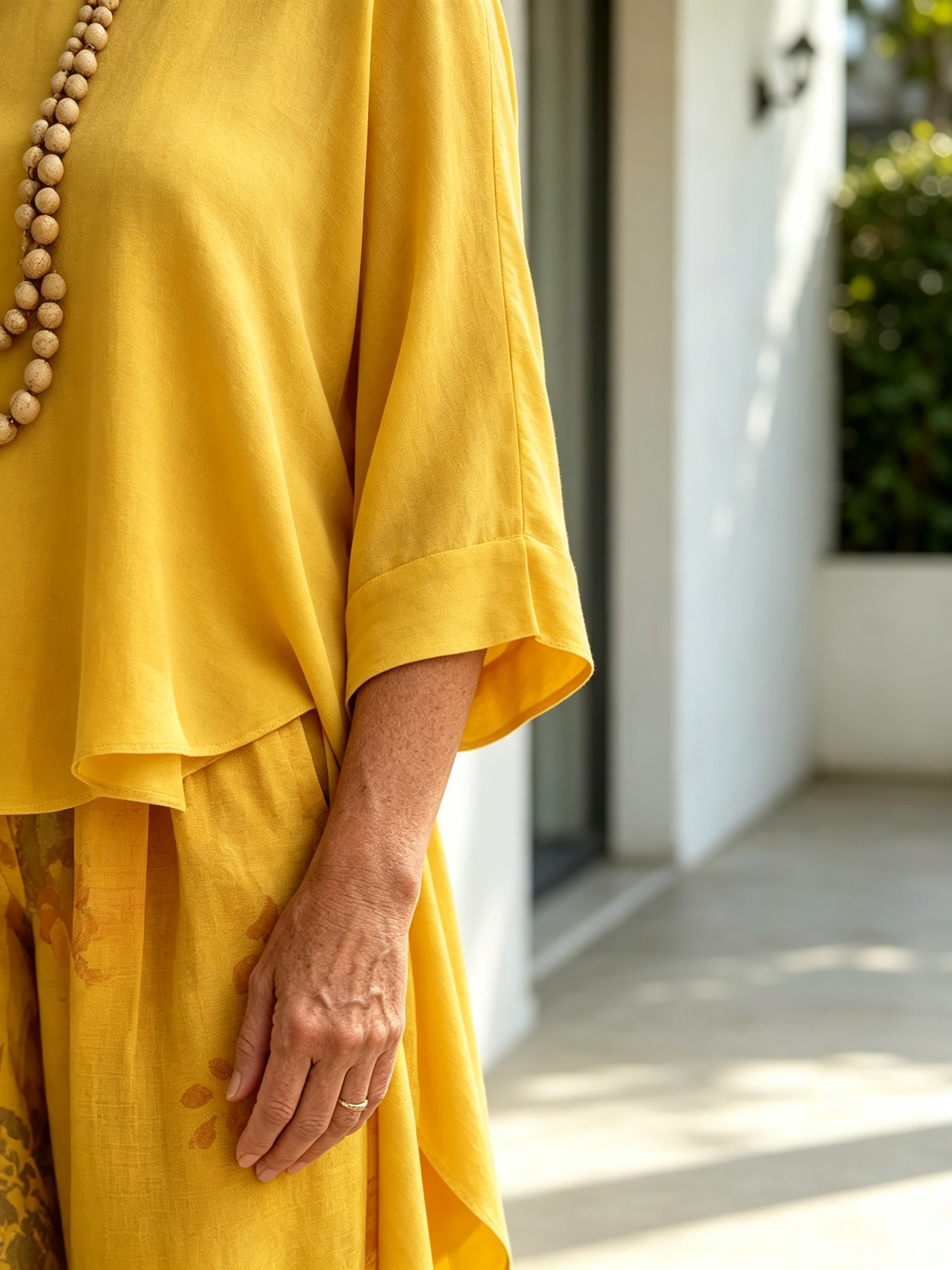 2‐Piece Outfit Set, Solid Color Asymmetrical Draped 3/4 Sleeve Boat Neck Top, Floral Printed High‐Waist Wide‐Leg Pants With Side Pockets, Loose Flow‐y Linen‐blend Fabric, Relaxed Silhouette For Daily Wear, Vacation And Casual Occasions