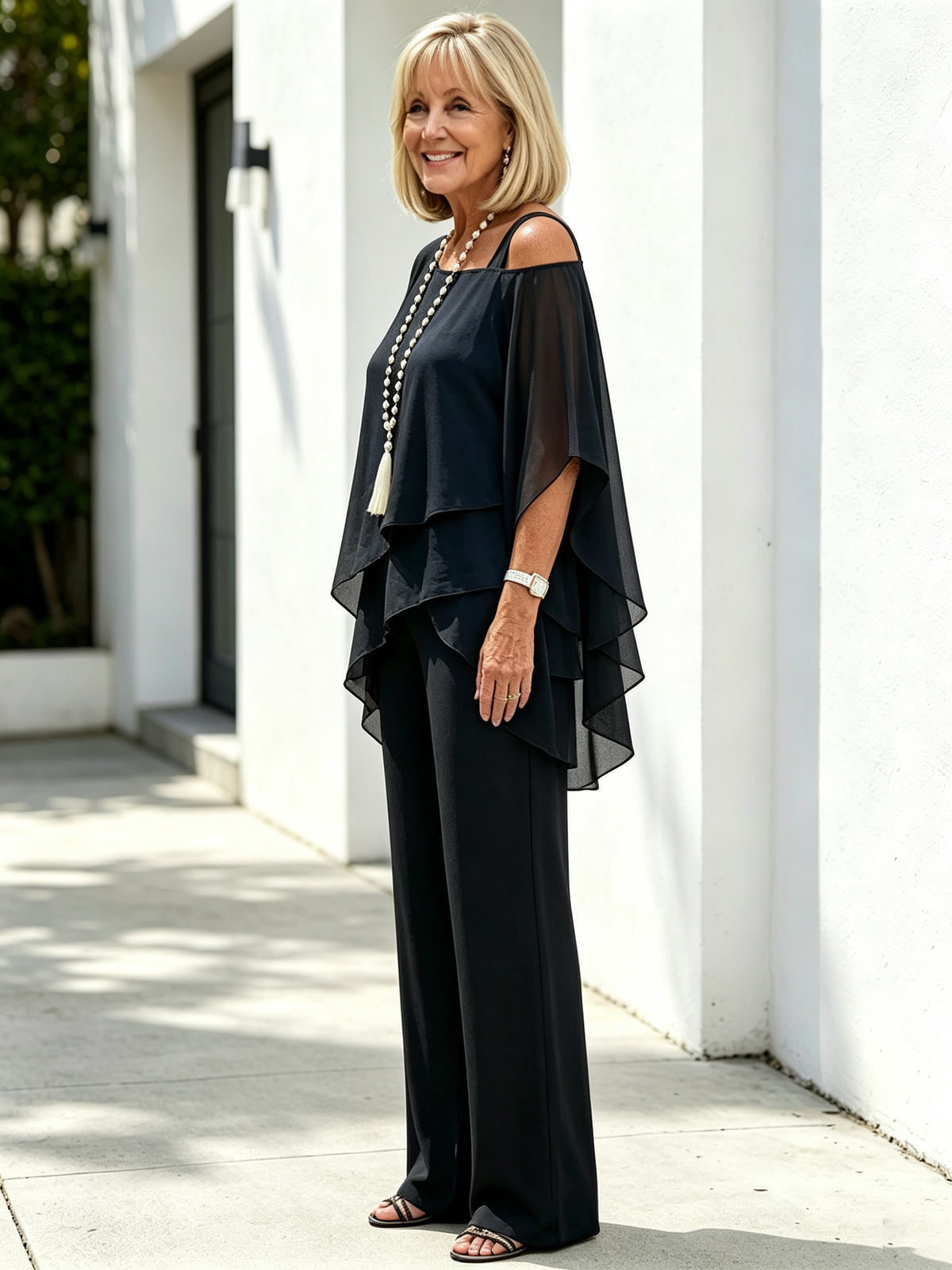 2 Piece Outfit Set, Cold Shoulder Asymmetrical Chiffon Batwing Sleeve Top, Irregular Layered Hem, High Waist Wide Leg Long Trousers, Lightweight Sheer Fabric, Elegant Flowy Pant Suit for Wedding, Banquet and Formal Events
