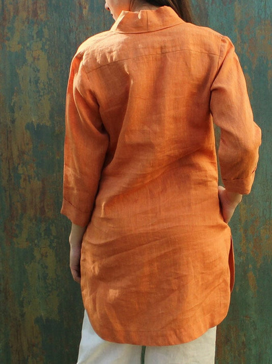 Women'S Casual Solid Color Cotton And Linen Lapel Shirt