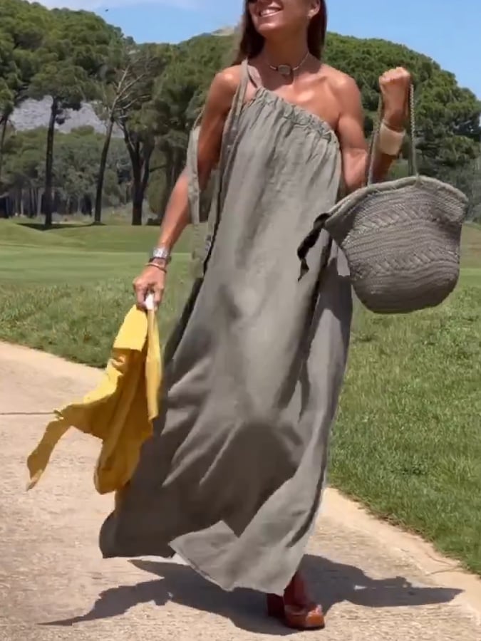 Women's Casual Off-Shoulder Cotton and Linen Maxi Dress