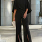 Cape-Sleeve High-Neck Blouse & Slit Wide-Leg Trousers Set