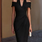 Off-Shoulder Halter Collar Ruched Wrap Midi Dress
