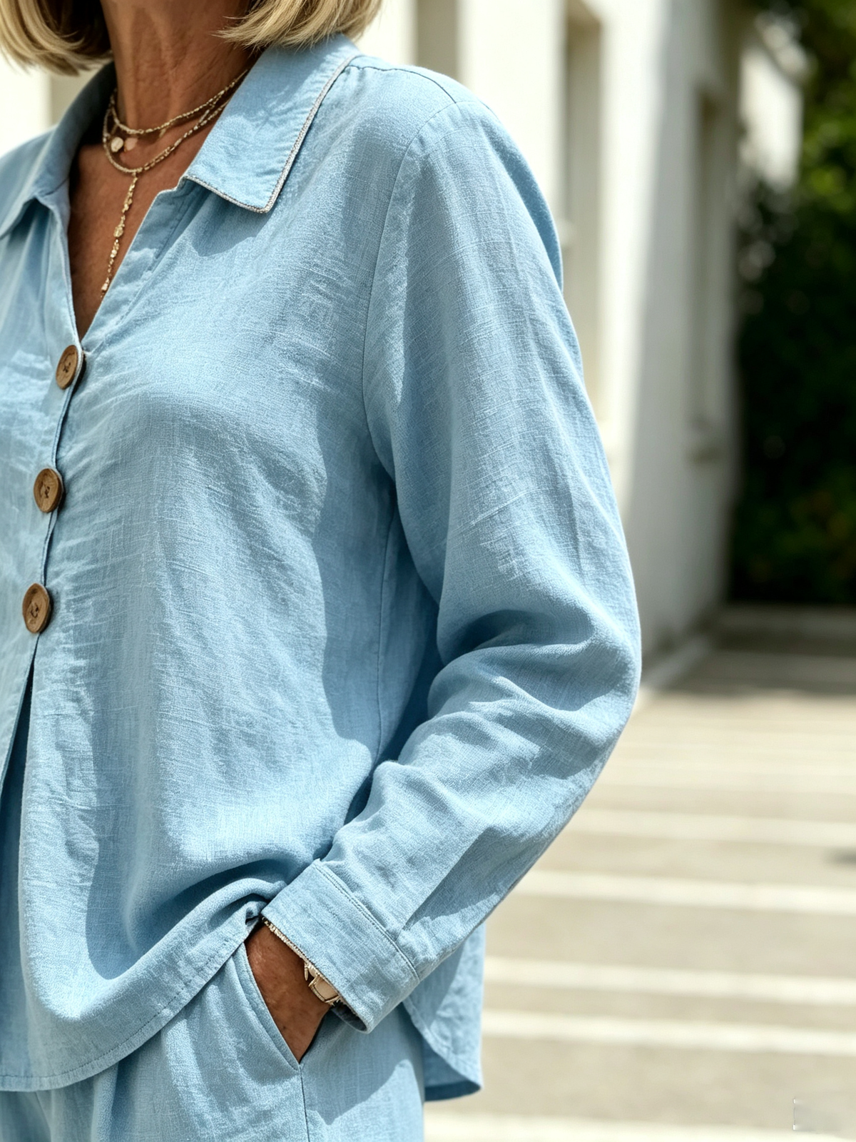 2 Piece Casual Outfit Set, Polo Collar Long Sleeve Button Front Blouse, Loose Solid Color Top, Elastic High Waist Wide Leg Trousers, Full Length Palazzo Pants, Soft Lightweight Textured Fabric, Relaxed Fit Matching Suit for Daily Wear, Vacation and Commut