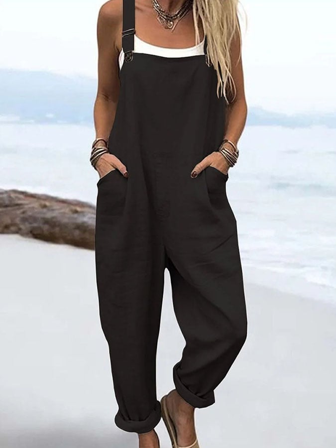 Women'S Casual Solid Color Cotton And Linen Overalls