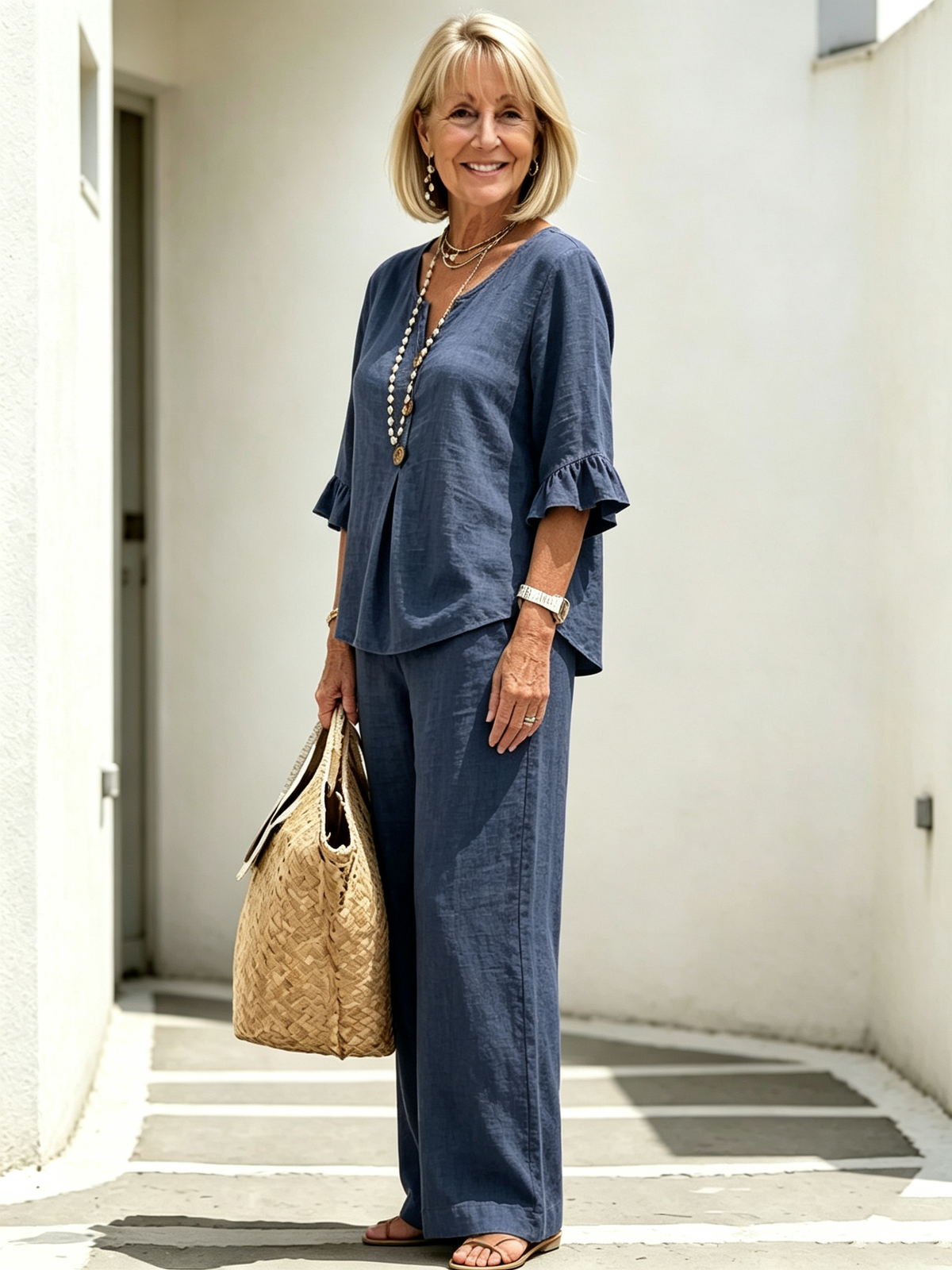 Women's Casual Button V-Neck Ruffle Women Summer Linen Two-Piece Outfit Set, V-Neck Wooden Button Front Ruffle 3/4 Sleeve Loose Casual Top & Matching Wide Leg Long Pants, Lightweight Breathable Textured Fabric High-End Seven-Sleeve Linen Top Two-piece Set