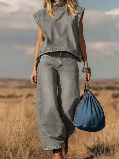 Women's Denim Co-Ord Set - Sleeveless Mock Neck Top & Wide Leg Jeans
