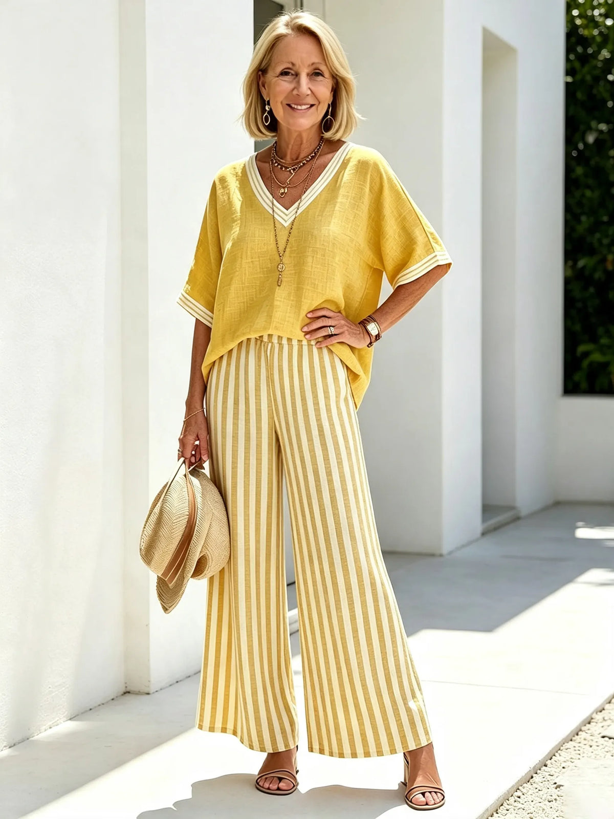 Women Cotton Linen Vacation Two-Piece Outfit Set, Contrast White Striped V-Neck Loose Short Sleeve Top With Striped Cuffs, Matching Green Vertical Striped High Waist Wide Leg Trousers, Lightweight Breathable Textured Fabric Relaxed Fit Casual Holiday Comm