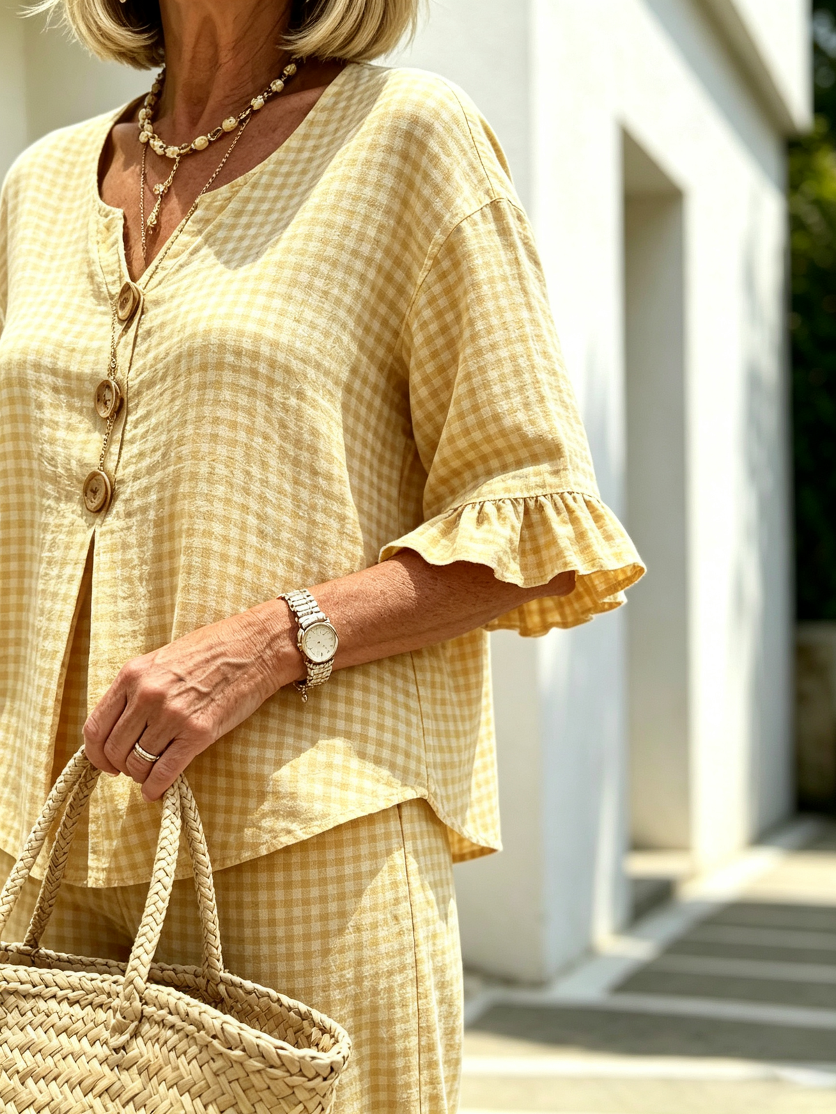 Women Elegant Linen Blend Plaid Two-Piece Casual Pant Set, Woven Textured Gingham Check Pattern Matching Outfit, Notch V-Neck Three Wooden Button Front Top With Ruffle Flared 7/4 Length Bell Flounce Sleeves, Loose High Waist Wide Leg Full Length Trousers