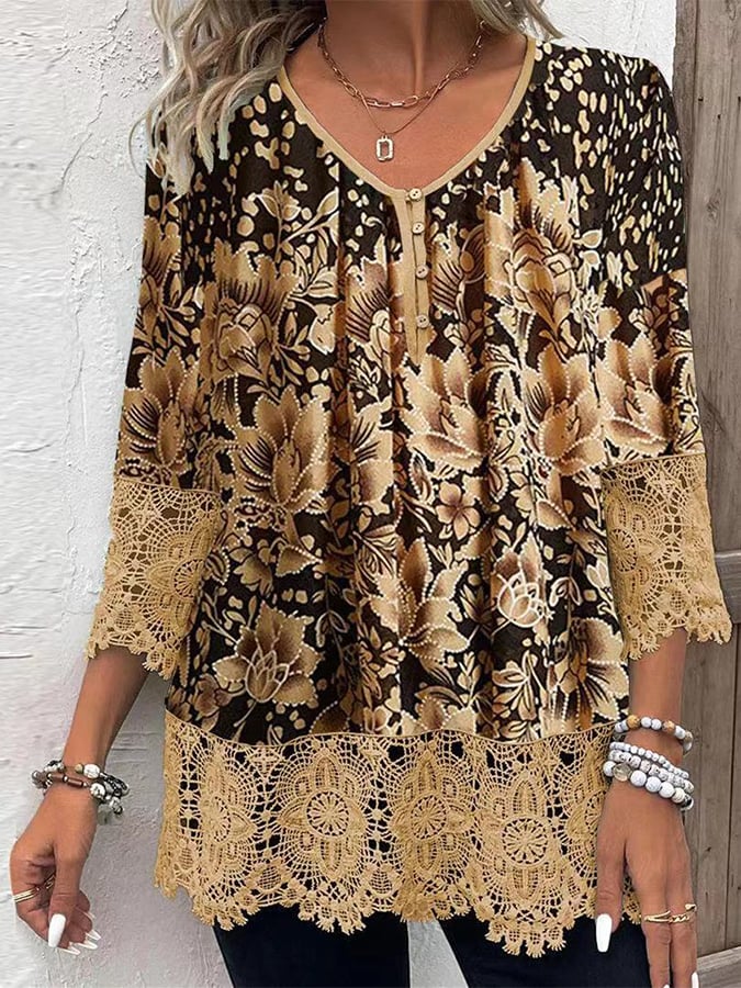 Women's Casual Lace Print Button Top