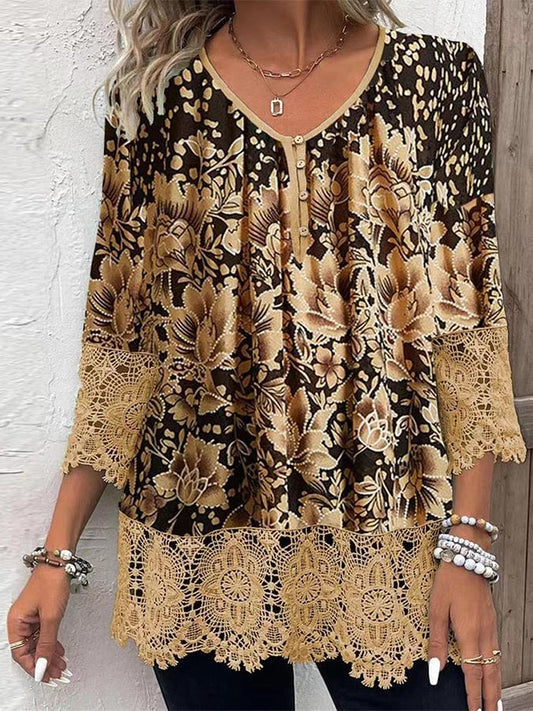 Women's Casual Lace Print Button Top