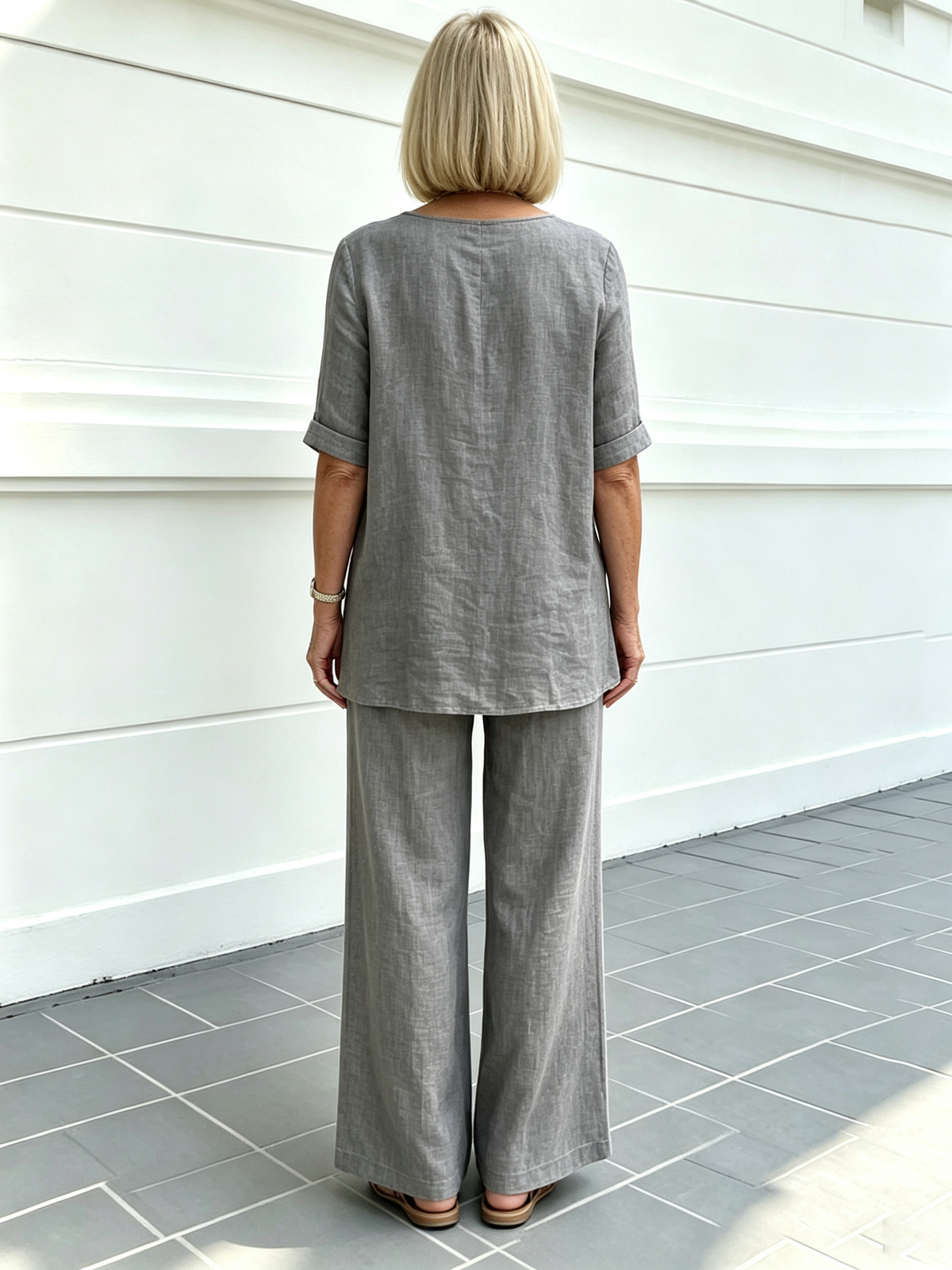 Casual Cotton and Linen Solid Color Fashion Casual Medium Sleeve V-neck Top Set