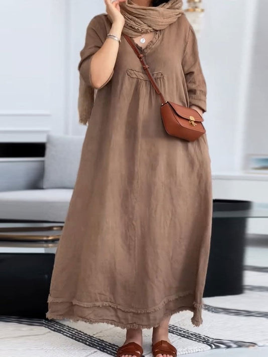 Women's Casual Solid Color V-Neck Long Sleeve Cotton and Linen Dress