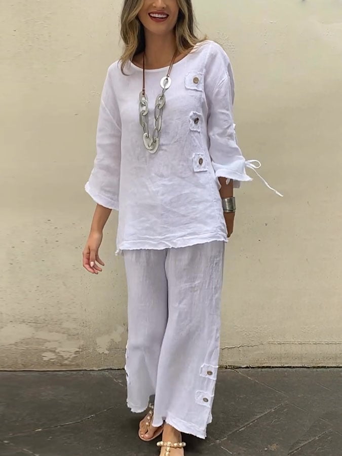 Women's Casual Solid Color Round Neck Button Drawstring Cotton Top Pants Two-Piece Set
