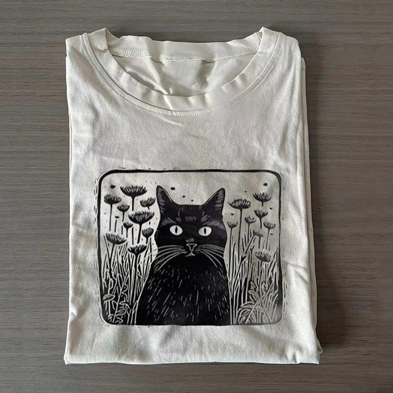 Vintage Floral Folklore Black Cat T-shirt