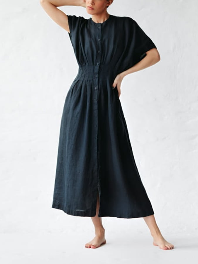 Women's Solid Color Gathered Waist Button Linen Dress