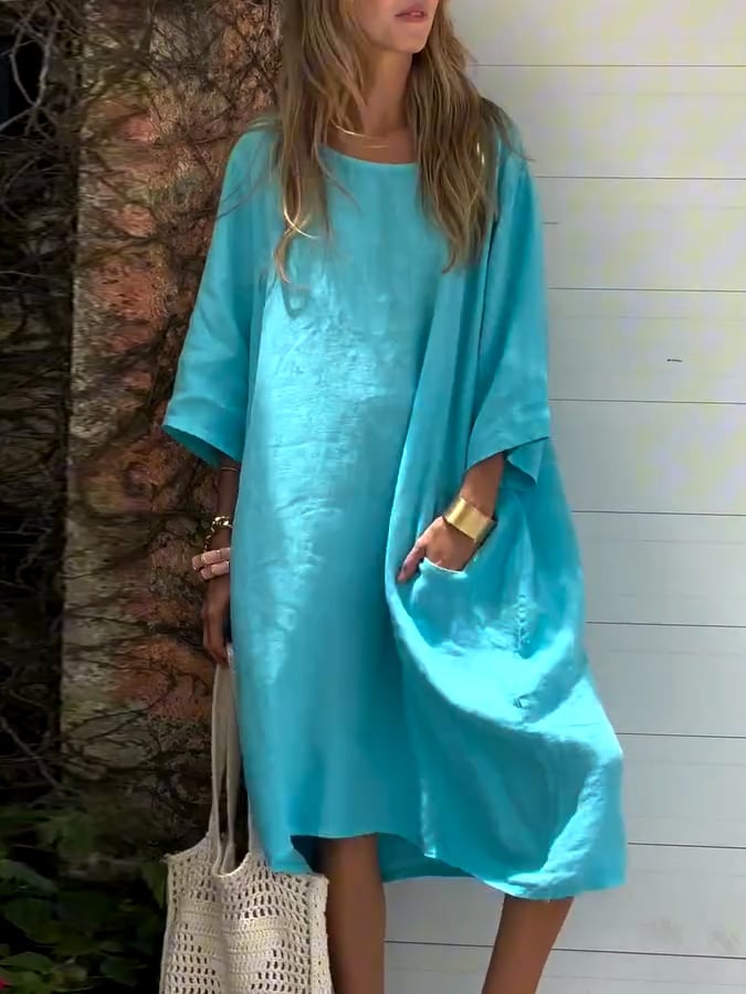 Women'S Casual Solid Color Loose Cotton And Linen Dress