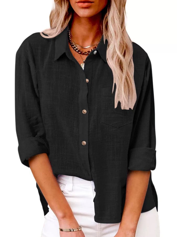 Women's Casual Solid Color Pocket Slit Cotton and Linen Long Sleeve Shirt