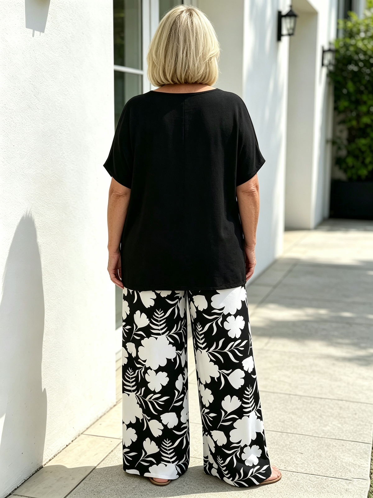 Elegant Two‐Piece Casual Suit for Women, Loose Solid Short Sleeve Top and High Waist Floral Printed Wide Leg Pants, Comfortable Relaxed Fit Co‐Ord Outfit, Fashionable Loungewear for Summer Daily Holiday Occasions