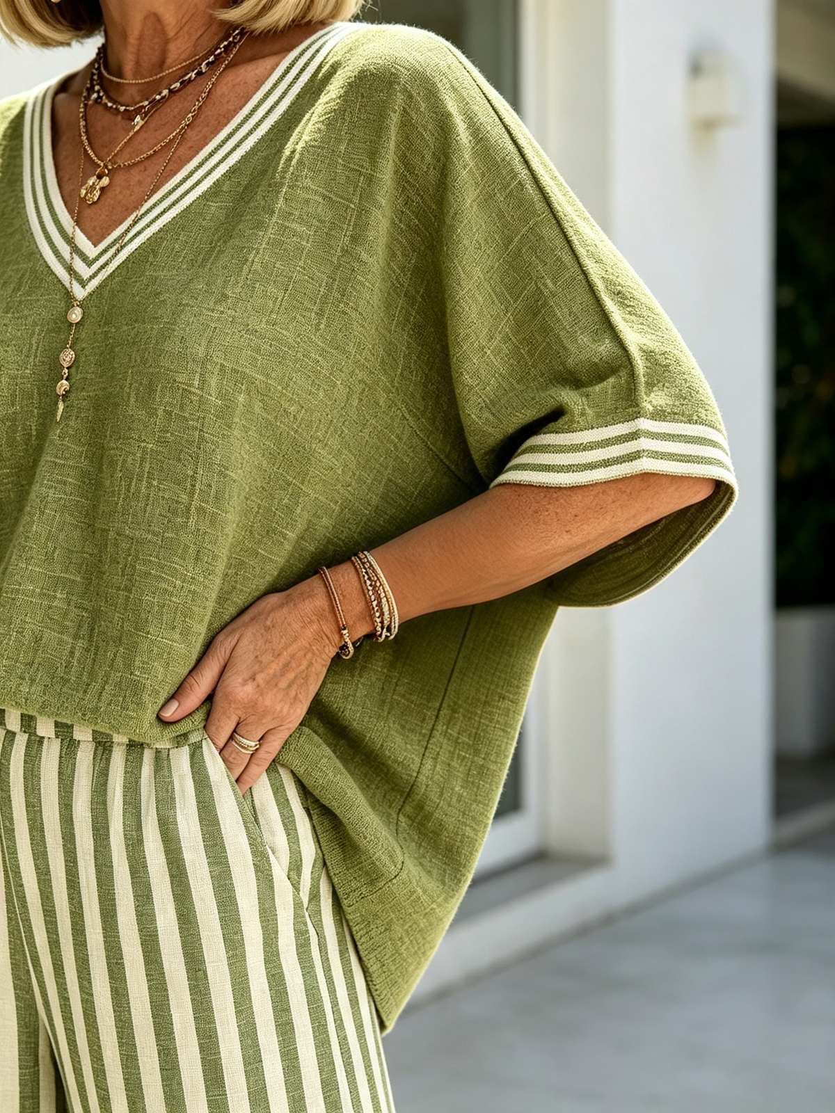 Women Cotton Linen Vacation Two-Piece Outfit Set, Contrast White Striped V-Neck Loose Short Sleeve Top With Striped Cuffs, Matching Green Vertical Striped High Waist Wide Leg Trousers, Lightweight Breathable Textured Fabric Relaxed Fit Casual Holiday Comm