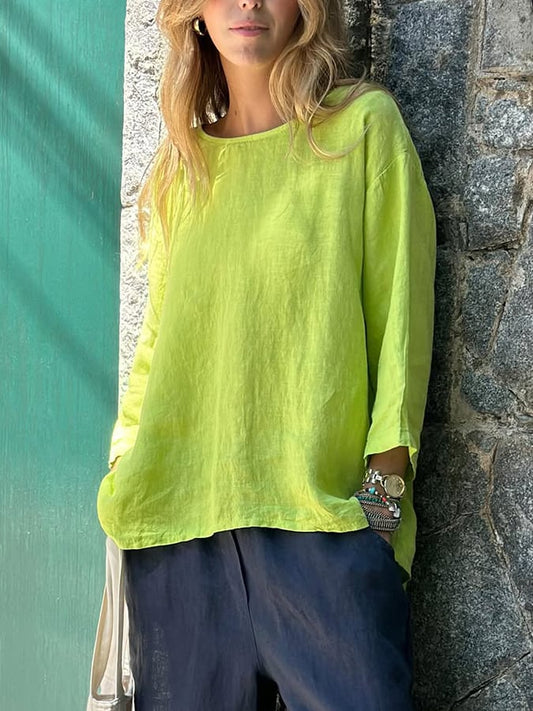 Women'S Casual Solid Color Round Neck Cotton And Linen Top