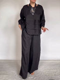Women's Casual Solid Color Round Neck Long Sleeve Spliced Tops and Pants Two-piece Set