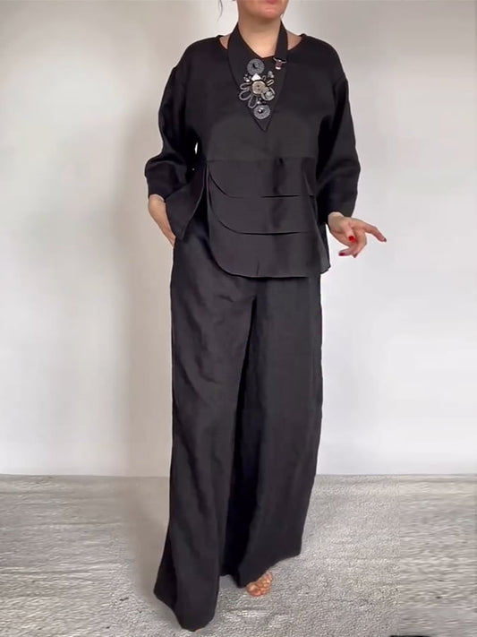 Women's Casual Solid Color Round Neck Long Sleeve Spliced Tops and Pants Two-piece Set