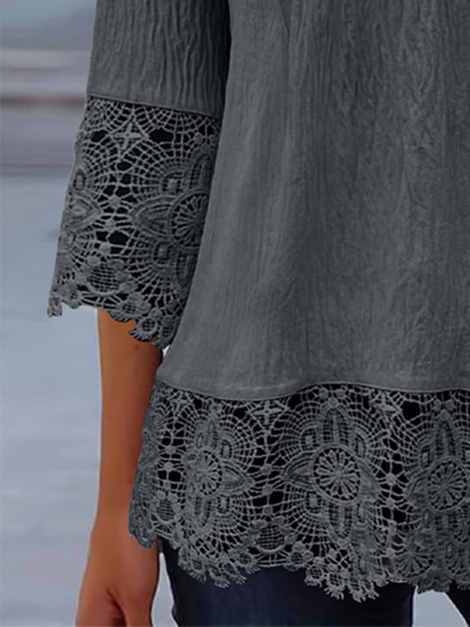 Women'S Casual Solid Color Lace Sleeve Top