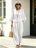 2Pcs OL style temperament women's clothing collage cotton and linen seven-quarter sleeve set size supply