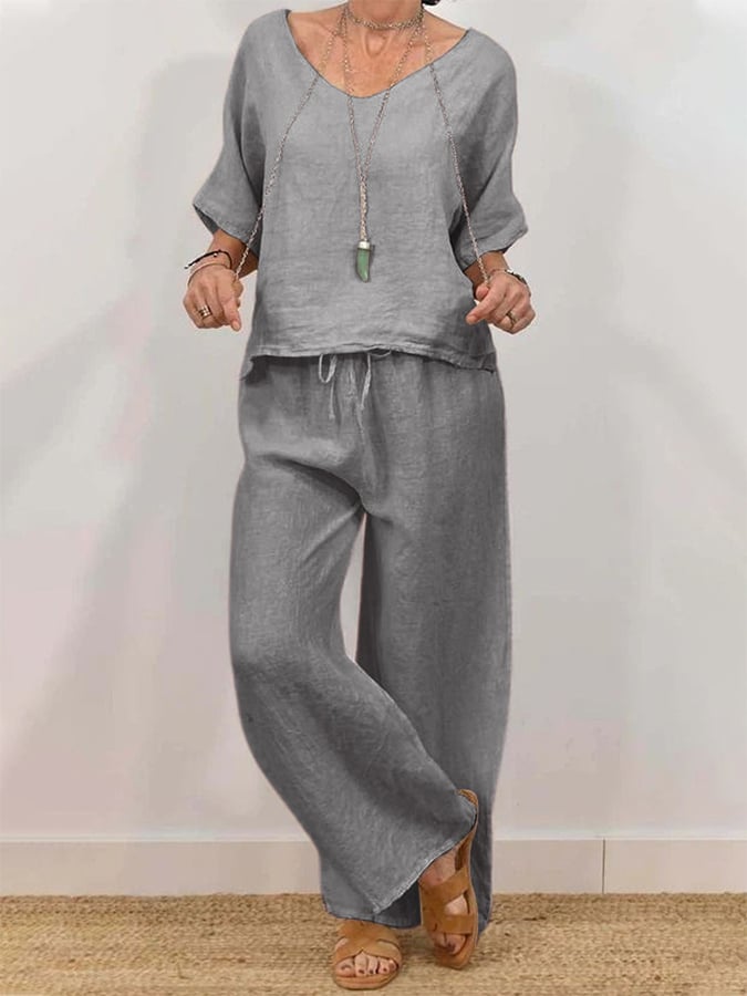 Women'S Casual V-Neck Pullover With Half Sleeves + Long Pants Two-Piece Suit