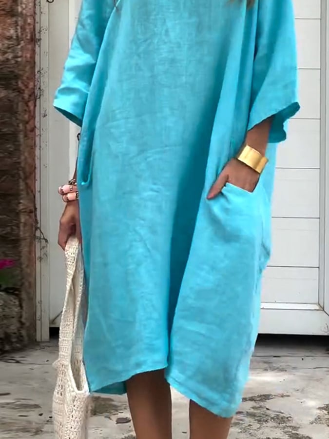 Women'S Casual Solid Color V-Neck Loose Cotton And Linen Dress