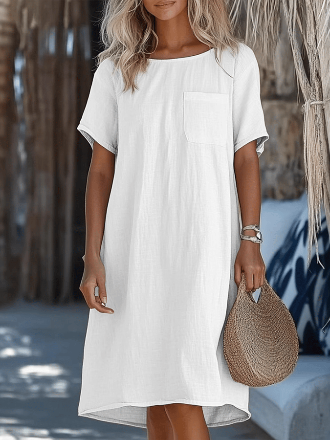Women'S Loose Round Neck Pocket Cotton And Linen Dress