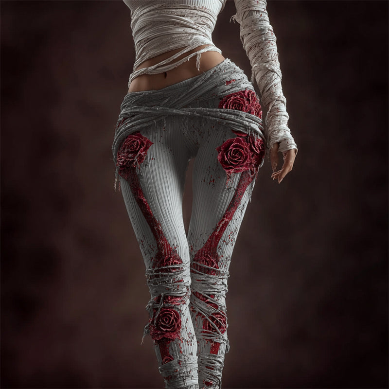 Classy Skeleton Anatomy Bloody Roses Bandages Knit Leggings