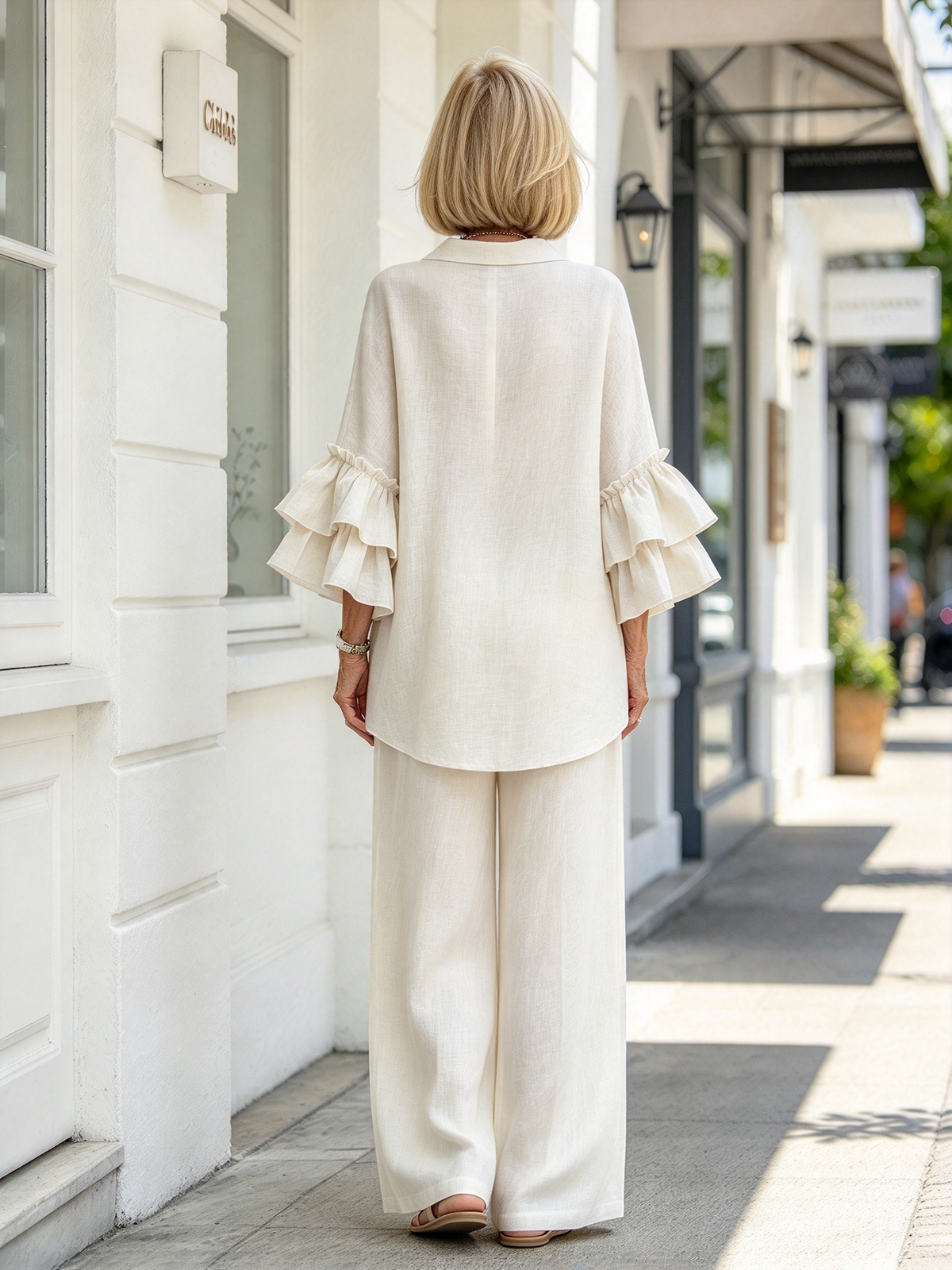 Fashion Casual Solid Color Shirt Collar Loose Casual Trousers Two-piece Suit Women's Clothing