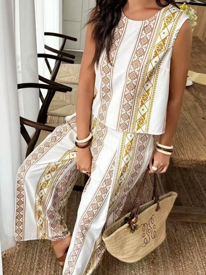 Women's Casual Printed Round Neck Sleeveless Top Wide Leg Pants Set