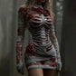 Women's Vintage Red Rose Skeleton Art Knit Mini Sweater Dress