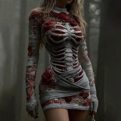 Women's Vintage Red Rose Skeleton Art Knit Mini Sweater Dress