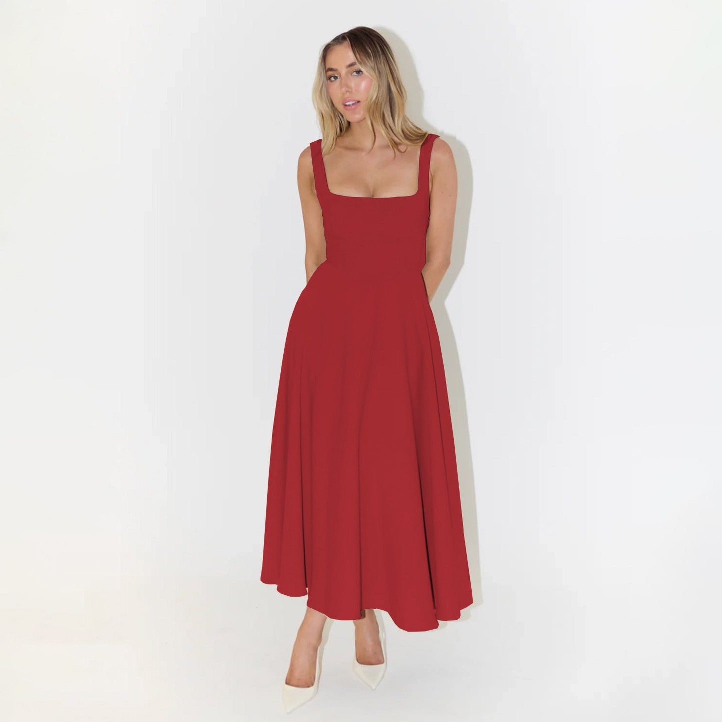 High Waist Square Neck Midi Dress