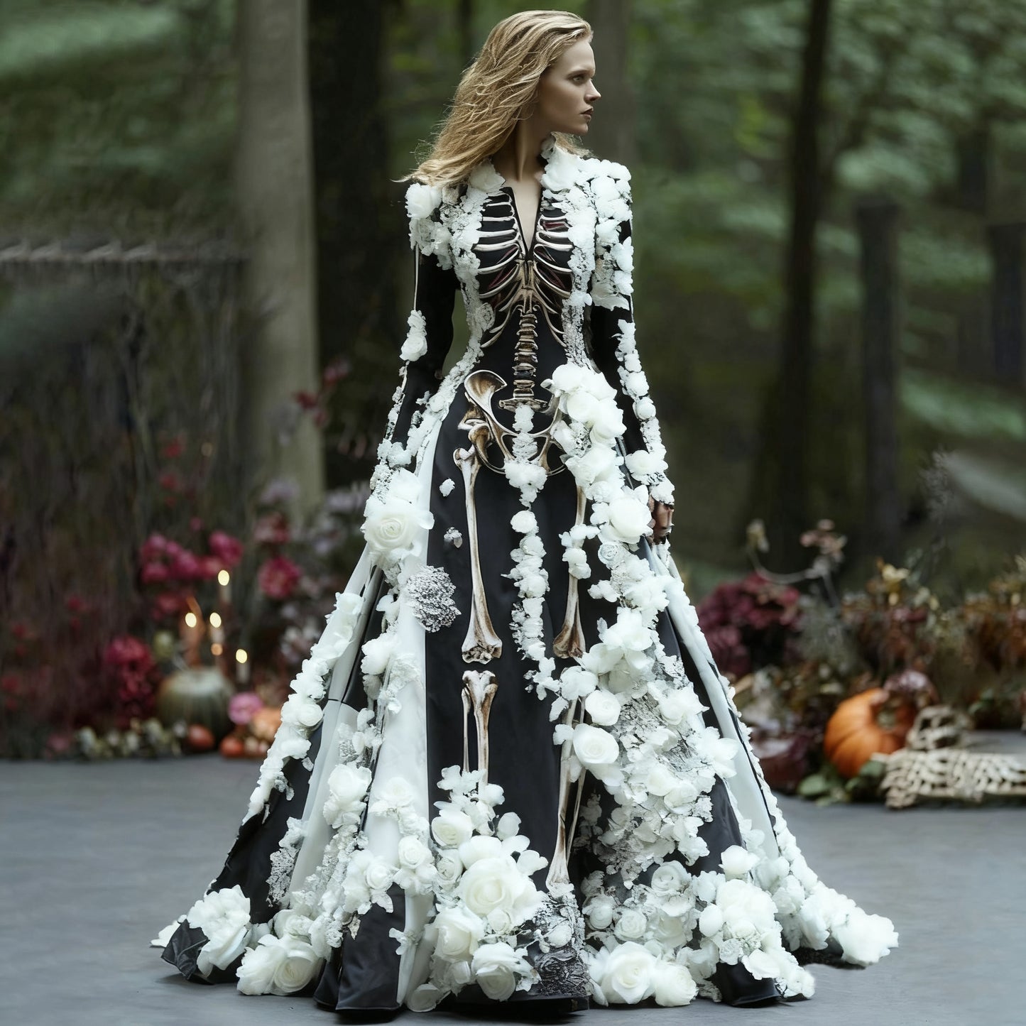 Women's Elegant Retro Skull Flower Pattern V-neck Long Sleeve Maxi Dress