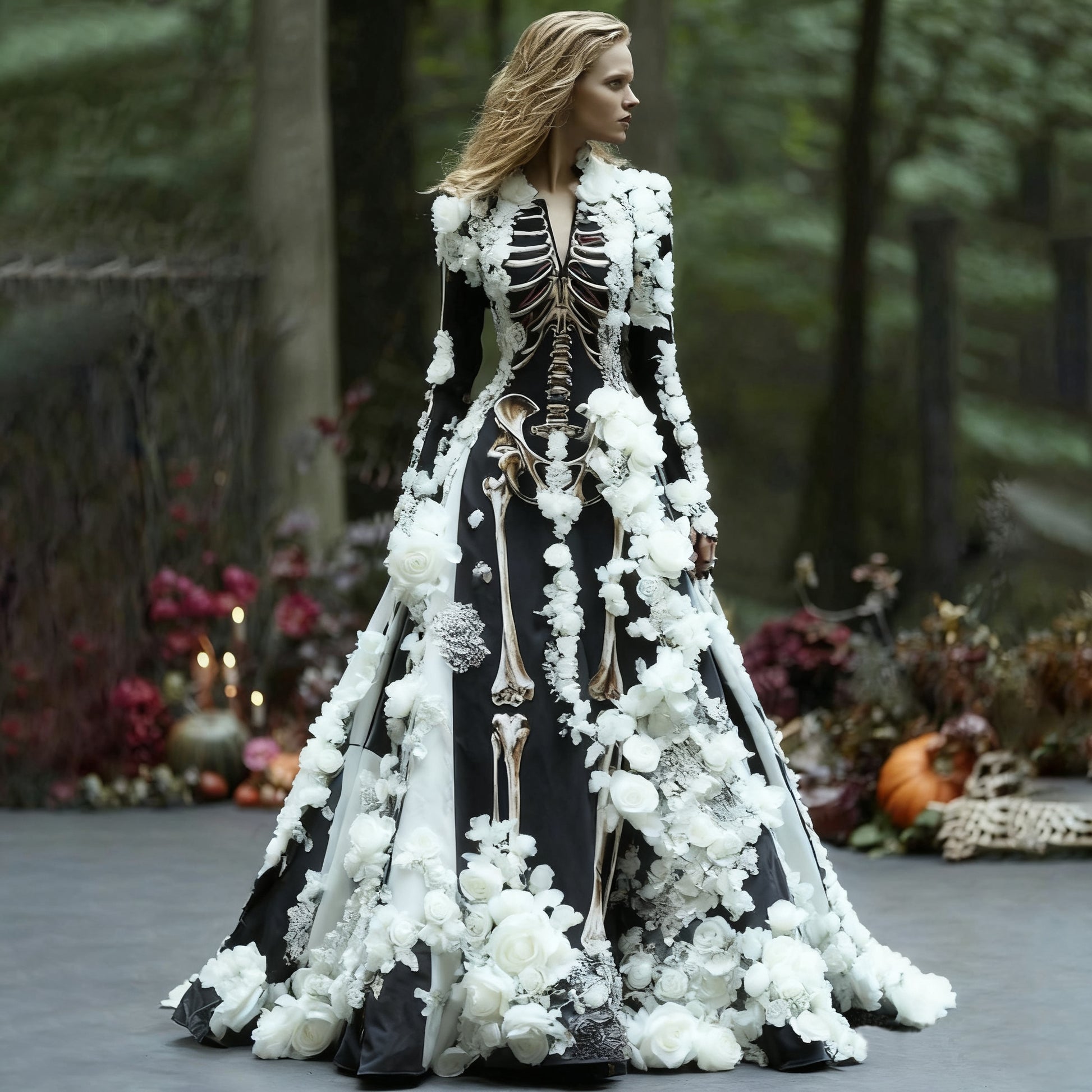 Women's Elegant Retro Skull Flower Pattern V-neck Long Sleeve Maxi Dress