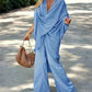 Women'S Casual Twisted Short-Sleeved V-Neck Top + Wide-Leg Pants Two-Piece Set