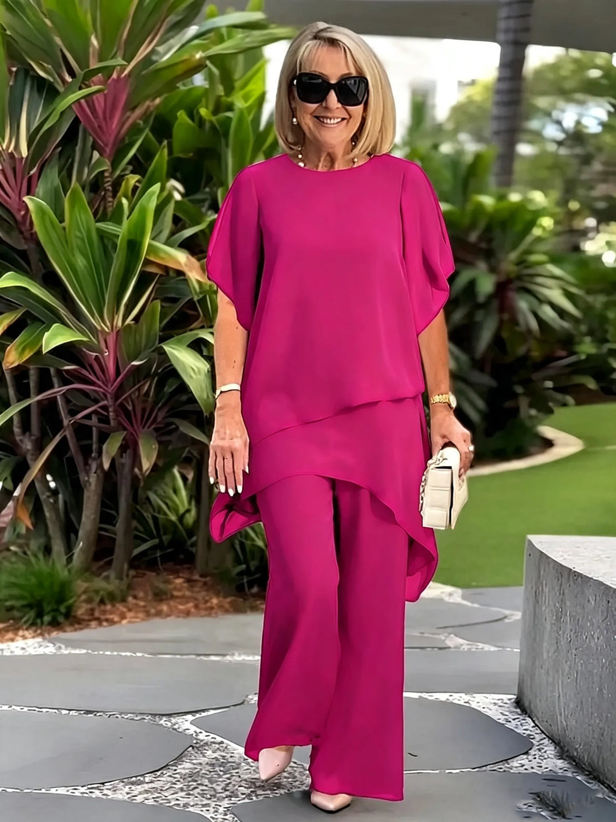 Women's 2 Piece Chiffon Pants Set, Round Neck Sheer Flutter Sleeve Asymmetric Double Layer Tunic Top & Wide Leg Trousers, Elegant Loose Matching Outfit for Wedding Guest Formal Occasions