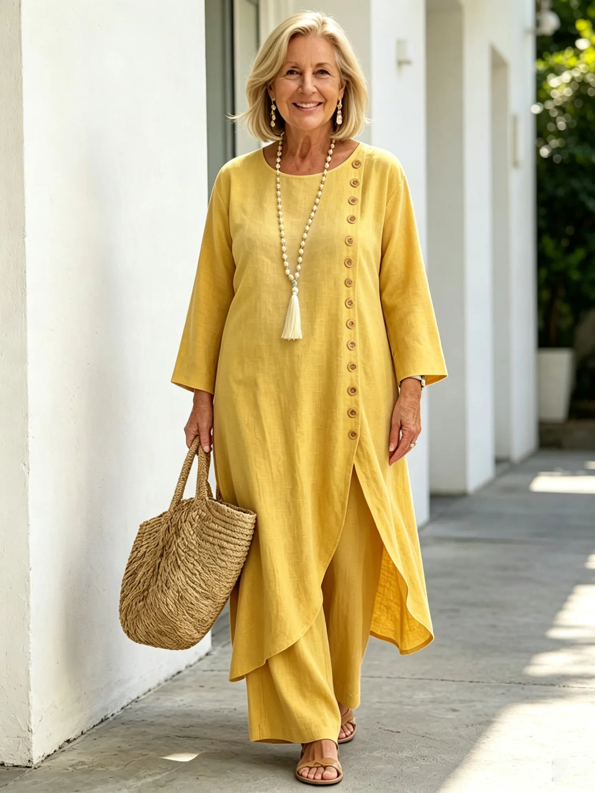 Casual Linen Long Irregular Single-breasted Top and Trousers Two-piece Set